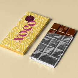 gelbes Packaging für nachhaltige Fairtrade Schokolade